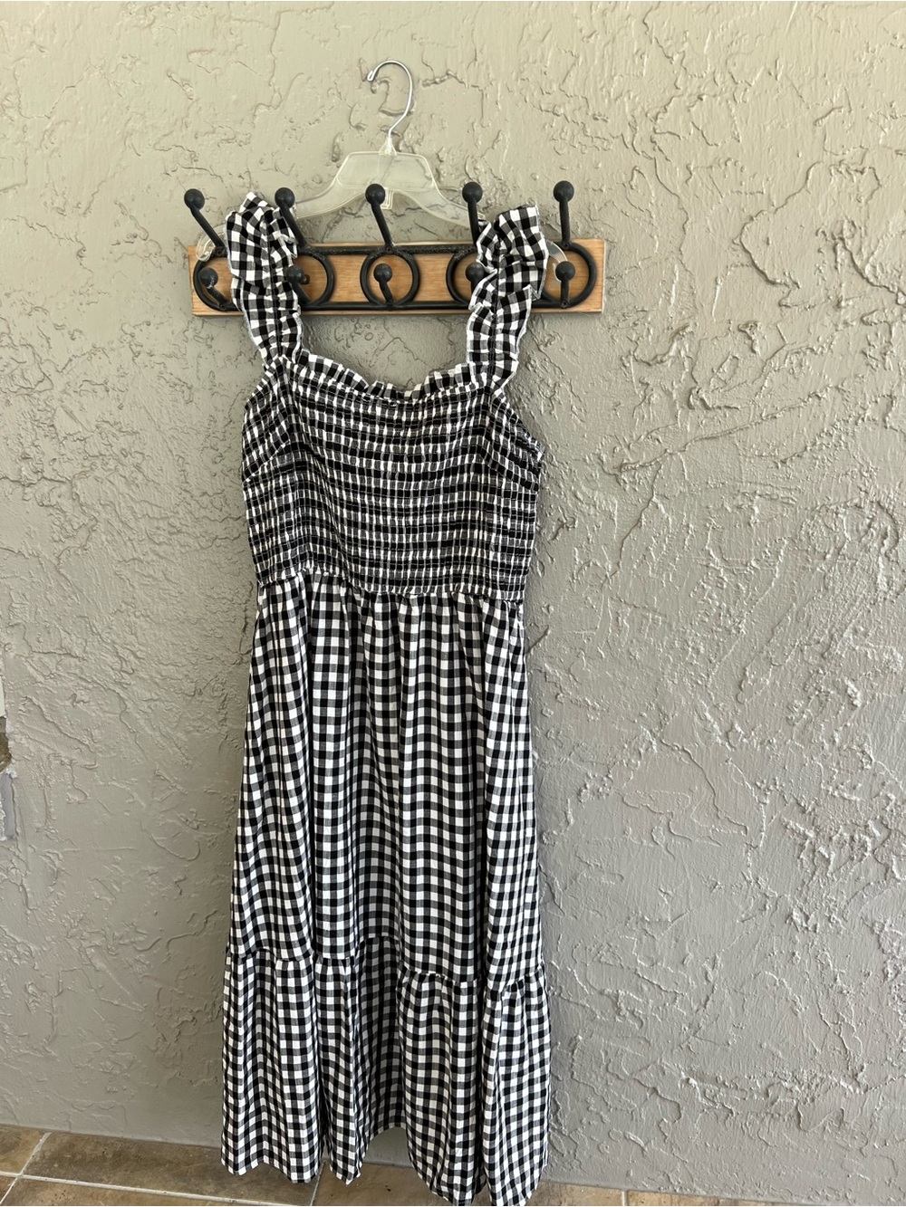 Black & White Gingham Ruffle Strap Midi Dress - Smocked Bodice - Picture 2 of 8